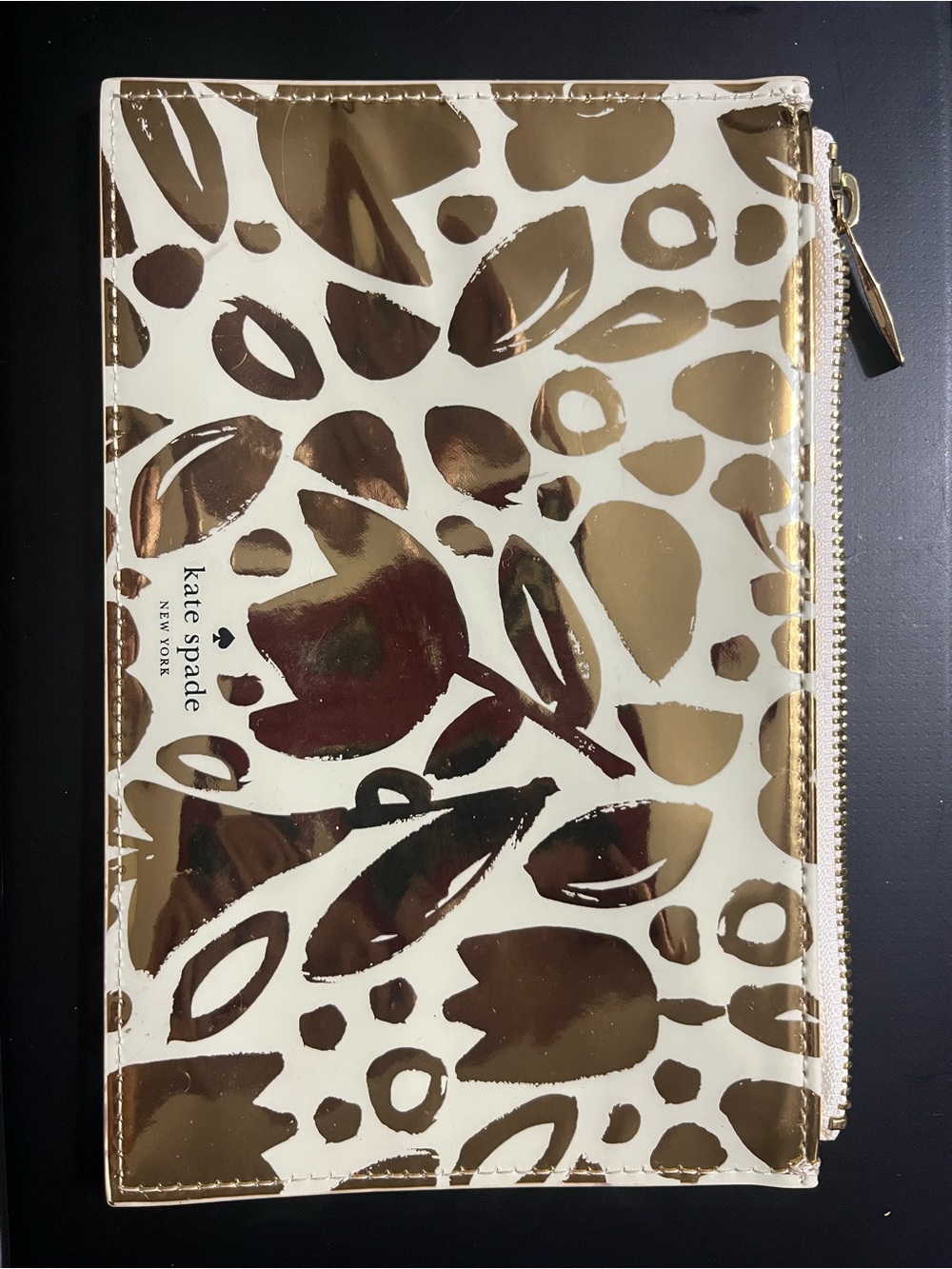 Kate spade New York gold floral zip pouch makeup bag cream, gold and pink